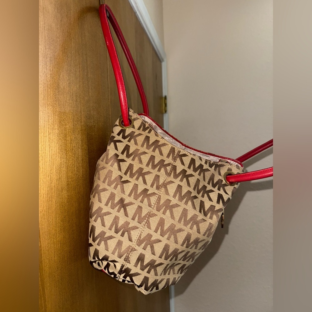 Michael Kors MK Logo Canvas Tote Bag Brown Red Leather Handles Tassel Purse - Picture 5 of 17